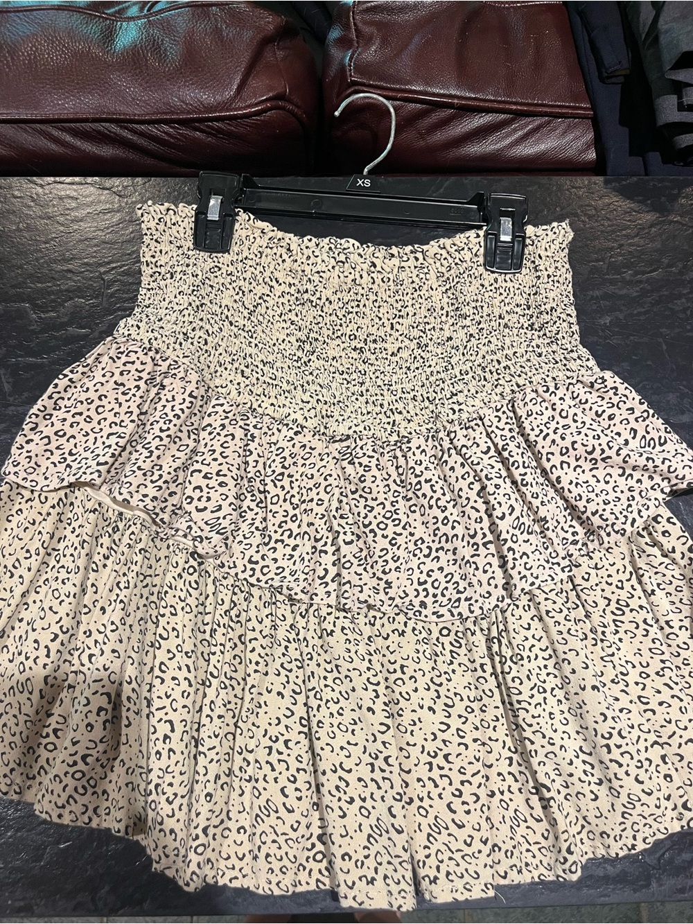 Amazon Beige Leopard Smocked Tiered Mini Skirt